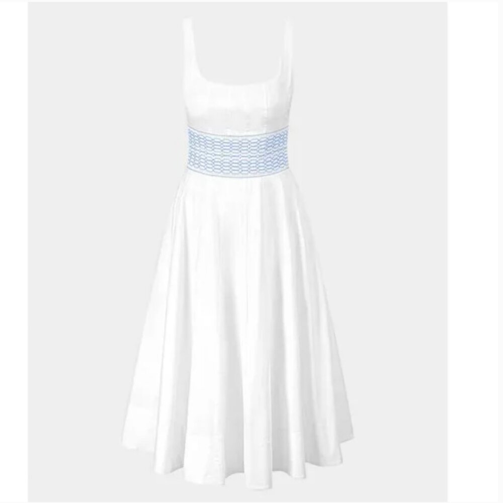 NWT STAUD Rig Embroidered Midi Dress - White Blue Cotton Cocktail - Picture 4 of 10